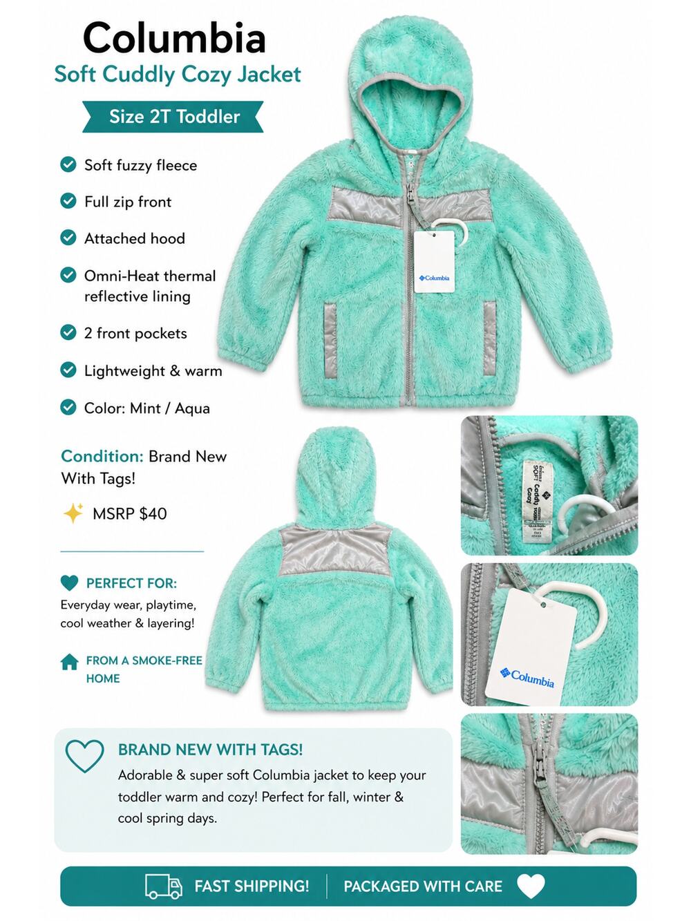 Columbia Toddler Girls Fleece Jacket – Size 2T – Mint/Aqua